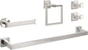 NearMoon 5 Pieces Bathroom Hardware Set 304 Stainless Steel, Square Towel Rack Kit - 24" Towel Rod + Towel Ring + Toilet Paper Holder + 2 Robe Hooks, Wall Mounted Bath Accessories (Brushed Nickel)