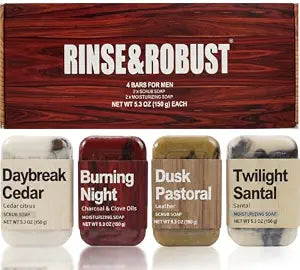 Rinse & Robust Bar Soap for Men - 4Pcs Exfoliating & Moisturizing 4-in-1 Cleansing Bar Set for Face, Body, Hands & Shave | All Skin Types | Luxury Fathers Day Gift Set(4 x 5.3 oz)
