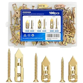 100pcs Self Drilling Drywall Anchors with Screws Kit, 50 Sheetrock Anchors & 50 Screws, 3 Sizes,No Pre-Drilling Required, for Wall Decor, Shelves, Pictures Hanging