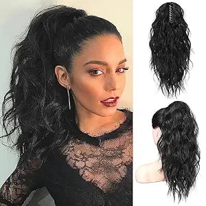 Flufymooz Ponytail Extension, 18 Inch Claw Clip Ponytail Extension, Wavy Curly Claw Clip in Ponytail Hair Extensions, Natural Fake Ponytail Synthetic Hairpiece for Women (Natural Black)