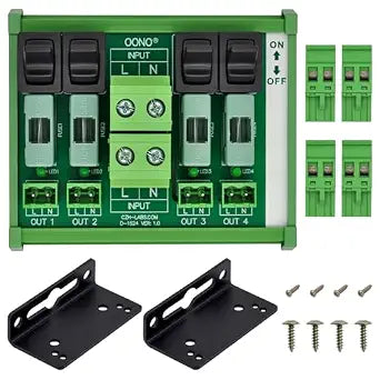 AC Power Distribution Module, Rocker Switch, Fused, Pluggable Top Wiring Terminal Block, DIN Rail and Screw Mount (4 Channel)