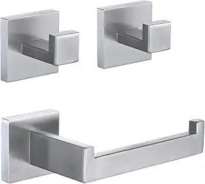 Toilet Paper Holder Set with 2 Square Robe Hooks, Brushed Nickel