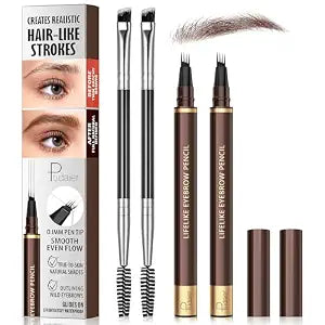 2 Pack 4-Tip Microblading Eyebrow Pen with 2 Brow Brushes, Waterproof Vegan Formula Eyebrow Pencils for Women to Effortlessly Create Natural Hair-Like Strokes, All-Day Wear (Dark Brown)