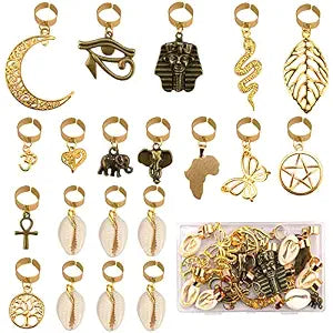 Messen 20 PCS Locs Braids Hair Cuffs 15 Styles Vintage African Pendant Charms Butterfly Shell DIY Hair Accessories (Bronze and Gold)
