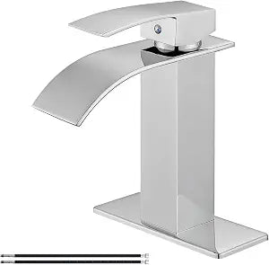 Airuida Waterfall Spout Single Handle Bathroom Sink Faucet Single Hole Rv Lavatory Vanity Vessel Faucet Basin Mixer Tap with Deck Plate Supply Hoses 1 Hole or 3 Hole-Chrome Polish