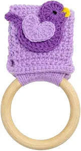 Handmade Crochet Bird Towel Holder with Wooden Ring, Purple Kitchen Oven Door and Bathroom Hanger, Farmhouse Dcor
