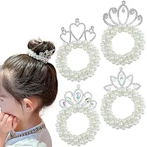 4 Pcs Beaded Hair Accessories - White Pearl Beads Crystal Crown Scrunchies, Elastic Ponytail Holders & Princess Hair Rope Ties for Women Girls