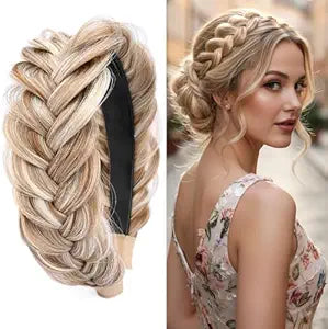 Wide Messy Braided Headband With Teeth Synthetic Hair Plaited Headband High Elasticity Braids Fishtail Braided Hair Band Hairpiece for Girls Women (Sandy Blonde)