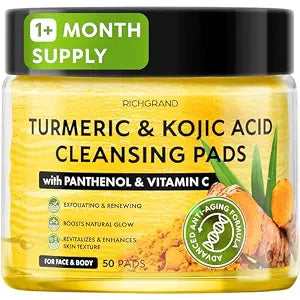 Turmeric Kojic Acid Cleansing Pads for Face - Exfoliating Sponges with Vitamin C & Lemon - Foaming Facial Wash for Glowing Skin & Uneven Tone Support - Gentle Daily Scrub