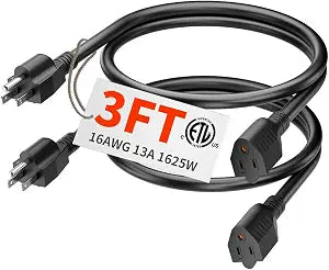 PlugSaf 16/3 3Ft 2 Pack Indoor Extension Cord Black, 3 Prong Electric Cord