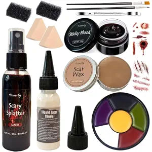 Halloween Makeup Kit, Special Effects SFX Kit, Bruise Makeup Face Body Painting Palette 6 color, Fake Blood Splatter Spray, Scar Wax, Liquid Latex, Coagulated Blood Gel,Sponges Spatula