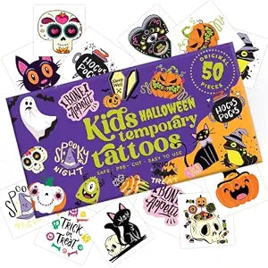 Halloween Temporary Tattoos for Kids ��������� 50 Pcs Pre-Cut + Water Sponge | Hypoallergenic, Non-Toxic, Skin-Safe | Trick-or-Treat Party