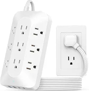 9 AC Flat Plug Power Strip, 5ft Extension Cord, 4 USB (2 USB C)