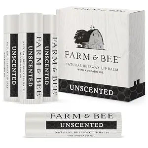 Natural Lip Balm - Organic & Natural Ingredients - Beeswax Based Moisturizing Lip Care Chapstick for Chapped Lips - Great Gift Idea - Farm & Bee - 0.15oz (Pack of 4 - Unscented)
