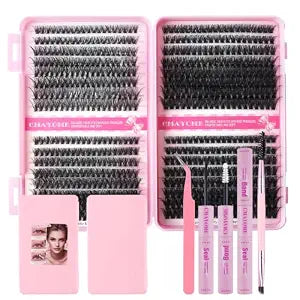 Lash Extension Kit, 50D 60D 80D 100D Natural Lash Clusters, 640Pcs Fluffy Eyelash Clusters DIY Lash Book with Lash Bond and Seal, Lash Tweezers Brush