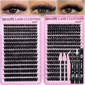 Lash Clusters Kit Fluff 80D 100D Eyelash Clusters Kit 544PCS Wispy Cluster Eyelash Extensions D Curly Individual Lashes 8-16mm Soft Band DIY at Home with Lash Bond&Seal Tweezers Brush by zenotti