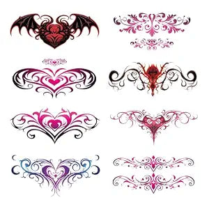 CARGEN Sexy Succubus Belly Temporary Tattoos -8 Sheets of Colourful Heart Designs Cover Scars Tattoo For Belly Button Back Waist Uterus Tattoo Stickers For Adult Girls Women