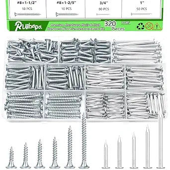 320Pcs Premium Hardware Nails & High Hardness Wood Screws Assortment Kit, 11 Sizes (1/2"-2"),Phillips Drive Flat Head, Wood Screws, Galvanized, Picture Hanging, Wood, Common Nails with Storage Box