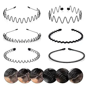 CAMKONG 6PCS Metal Hair Band for Men Headbands Women Wavy Hairband Spring Hair Hoop Sports Fashion Hair Bands Unisex Black Elastic Non Slip Simple Headwear Accessories