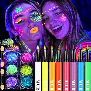14Glow in the Dark Body Face Paint With Glitter Gel Set, UV Neon Liquid Eyeliner,Face Paint Pen & Glitter for Black Light Party, Pigmented, Waterproof, Skin-Safe & Washable,Halloween Party Makeup