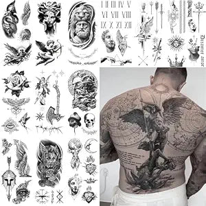 Impressed Modern Masuline Full Sleeve Semi Permanent Fake Tattoos for Men - Geometric Greek, Roman, Viking Gods & Goddess, Bird Wings, Axe, Knight - Large Realistic Temporary Tats for Guys