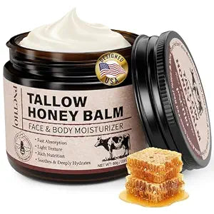 Beef Tallow for Skin, Tallow and Honey Balm with 100% Grass-Fed Beef Tallow & Raw Wild Honey, Natural Face & Body Moisturizer for Deep Hydration, Barrier Repair, Soothing Relief 2.1 OZ