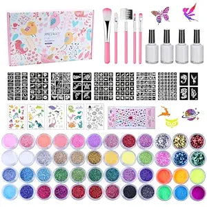 Temporary Glitter Tattoo Kit for Kids & Adults, LCDGTJ 42 Glitter & 6 Fluorescent Color, 209 Stencils, 4 Glue, 5 Brushes, 1 Diamond Sticker, Safe & Easy Removal Face Body Art Birthday Party Supplies
