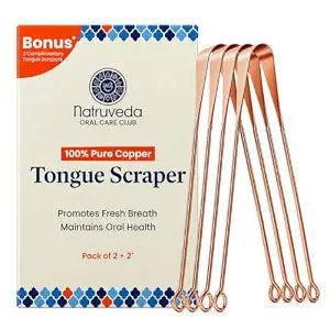 Natruveda Pure Copper Tongue Scraper for Adults and Kids - 4 Pack Premium Ayurvedic Metal Tongue Cleaner Set, Fresh Breath Hygiene Support, Travel-Friendly, USA-Based Seller