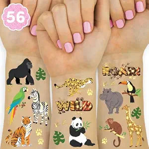 xo, Fetti 56 Jungle Animals Temporary Tattoos - Gold Foil Pcs | Wild Birthday Accessory, Safari Bachelorette Party Favor, Cute Kids Zoo Activity