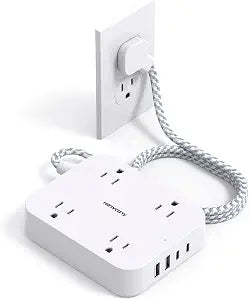 Flat Plug Extension Cord, 4 Widely Power Strip with 4 USB Ports(2 USB C)