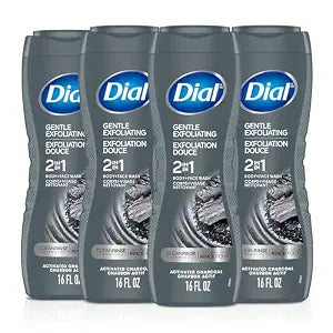 Dial Men 2 in 1 Body and Face Wash, Activated Charcoal, 16 Fl Oz, Pack of 4, Gentle Exfoliating Body Wash with Clean Rinse Technology