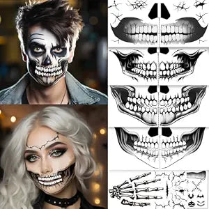 Skeleton Face Tattoo - Halloween Temporary Skull Tattoos, Mouth Stickers for Face, Costumes and Accessories for Men and Women (A)