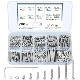 900 Pcs M2 Screws, Nuts and Washers Set - Hex Socket Head Cap Screws Kit - Stainless Steel Bolts Assortment - Metric Machine Screws With Fully Threaded Hex Nuts