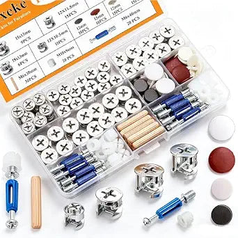 170PCS Cam Locks for Furniture,3-in-1 Eccentric Hardware Wheels,Furniture Fasteners & Connectors with Multi-Size Nuts,Bolts and Wood Dowel Pins-Assortment Kit for Furniture Assembly/Repair