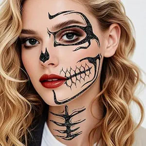 Halloween Face Tattoos Temporary Black Tattoo for Men and Women, Adult, Skeleton Mouth Tattoo Spider Web Face Sticker, Horror Zombie Witch Makeup Kit, Scary Halloween Face Decals 5 Sheets