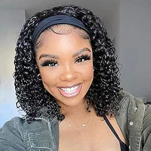 Headband Wig Human Hair Curly Glueless Wigs No Lace front Deep Waver 10Inch