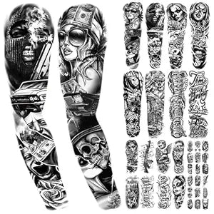 Yazhiji 46 Waterproof Temporary Tattoos For Adult, Chicano Large Full Arm Fake Tattoo Guadalupe Gangster Day of the Dead, Lowrider Style Culture Mexico Clown Tattoo Stickers for Men Women