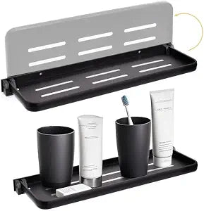 DEAYOU 2 Pack Folding Wall Shelf for Bathroom, 90 Fold Up Floating Shelf, Wall Mounted Drop Down Metal Shelves for RV, Campers, Laundry Room, Toilet Room, Kitchen, Waterproof, Space Saving, 15.7"