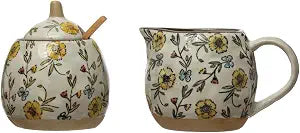 Creative Co-Op Hand-Painted Stoneware Sugar Pot and Stoneware Creamer with Lid and Bamboo Spoon, Multicolor
