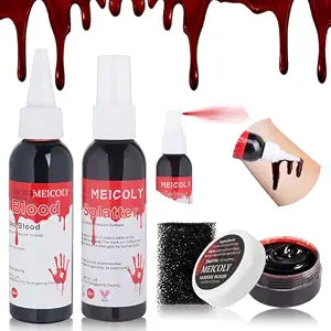 MEICOLY 4PCS Halloween Fake Blood Makeup Kit,Special Effects SFX Makeup Set for Zombie Vampire Monster Cosplay,2.1oz Fake Blood Spray+2.1oz Dripping Blood+1.06oz Coagulated Blood+Stipple Sponge