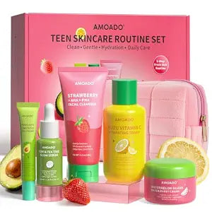 Skincare Set for Teen, 5-Step Daily Routine Skin Care for Girls & Boys , Facial Cleanser, Hydrating Toner, Glow Serum, Eye Cream & Water-Burst Cream for Oily, Dry & Uneven-Looking Teen Skin