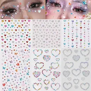 6Sheets Face Gems Stickers Self-Adhesive Hair Jewels Stickers Butterfly Heart Diamonds Mixed Colors Sparkly Rhinestone for Women Eye Face Makeup