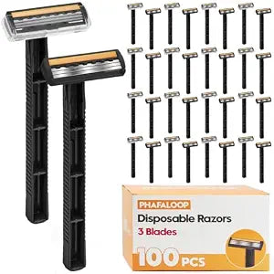 3-Blade Disposable Razors, Bulk 100 Pack, Black