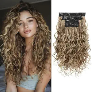 REECHO Curly Hair Extensions, 4PCS 16 inch Clip in Hair Extensions Lace Weft Short Curly Hair Extension Clip Ins Invisible Natural Hairpieces for Women, Light Brown with Blonde Highlights