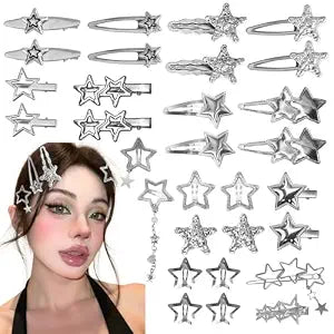 Y2K Silver Star Hair Clips, 30 Pcs Multi Shape Barrettes for Women Girls