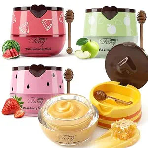 4 PCS Bee Lip Balm Honey Pot, Moisturizing Lip Sleeping Mask Overnight, Cracked Lips Repair & Care, Honey, Strawberry, Apple, Watermelon, Reduce Lip Lines, Propolis Fruit Flavors Lip Balm Bulk Gifts