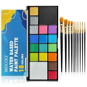 MEICOLY 18-color Water Activated Face Painting Kit with 10 Brushes for Kids & Adults,Halloween Clown Makeup Kit for Parties Cosplay,Non-toxic Washable Water-based Face Paint Palette
