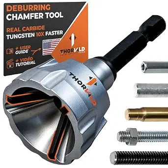 THORVALD Deburring External Chamfer Tool with Tungsten Carbide Blade - Deburr Tool for All Thread, All Metal Rod, Pipe, PVC, 3D Printing - 1/8" to 3/4" Diameter (3~19mm) - User Guide + Video Tutorial