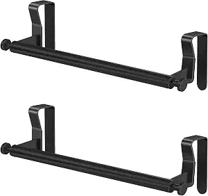 STWWO Over Cabinet Towel Holder with Hooks, 2 Pack Black Bars for Kitchen