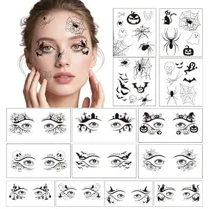 XZENTIRA 14 PCS Halloween Eye Temporary Tattoos, Halloween Face Stickers Skull Spider Web Bat Eyeliner Eye Shadow Tattoos for Women Men Face Eye Makeup, Day of the Dead Masquerade Party Supplies
